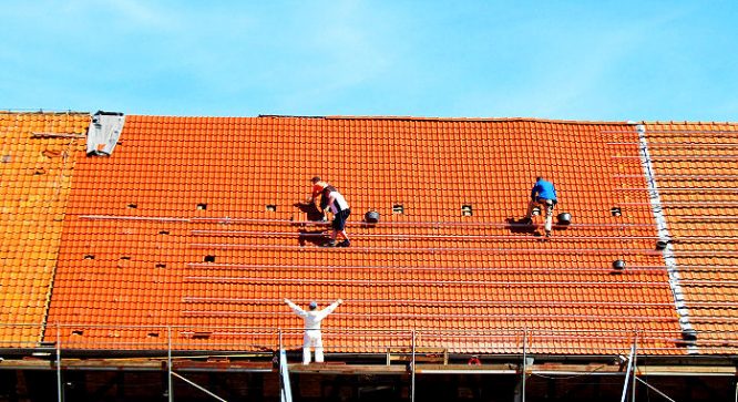 Für Dacharbeiten auf Dächern zwischen 20 und 60 ° sind Dachleitern nützlich