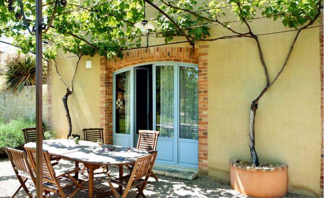 Terrasse mit Weinreben überschattet