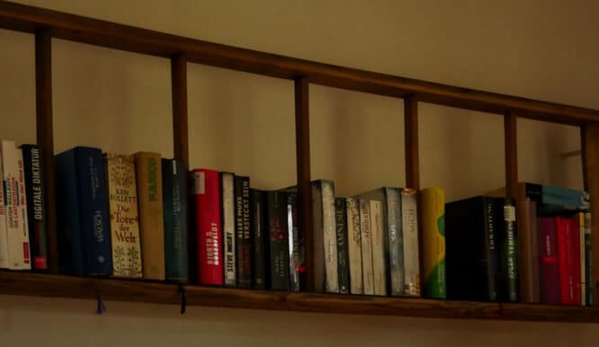 Ein Bücherregal aus alten Holzleitern