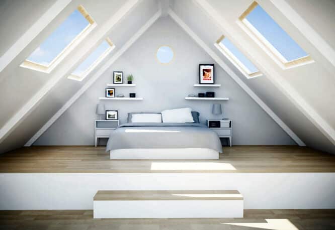 Anders als im Wohnzimmer haben schräge Dachfenster im Schlafzimmer durchaus ihre Vorteile.