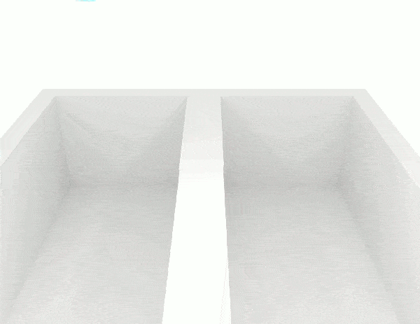 Viskosität: Die blaugrüne Flüssigkeit links ist niederviskos wie Wasser, die orange rechts hochviskos wie Honig (Computersimulation).